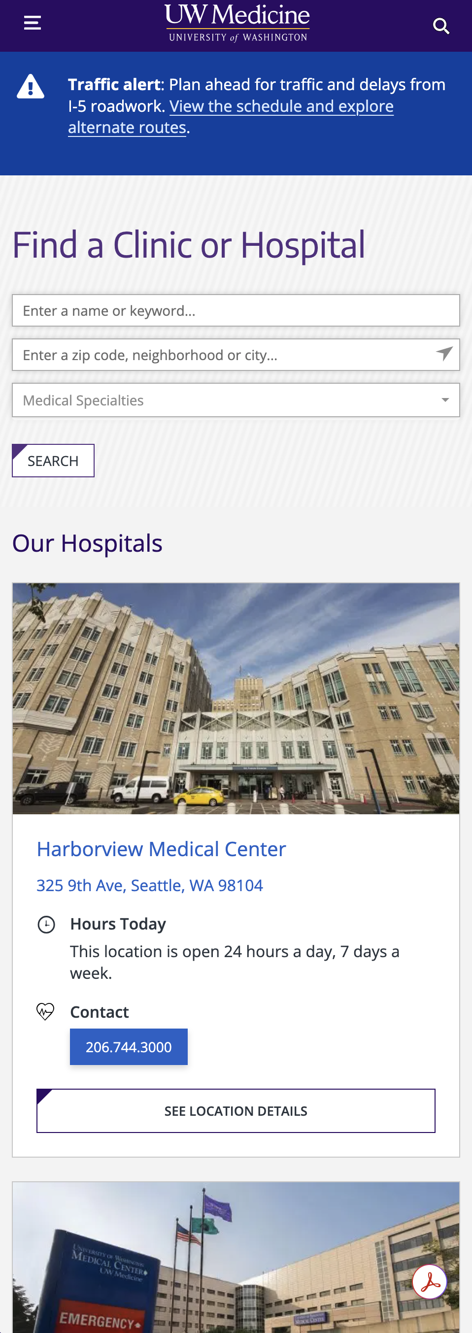 UW Medicine clinic and hospital finder page