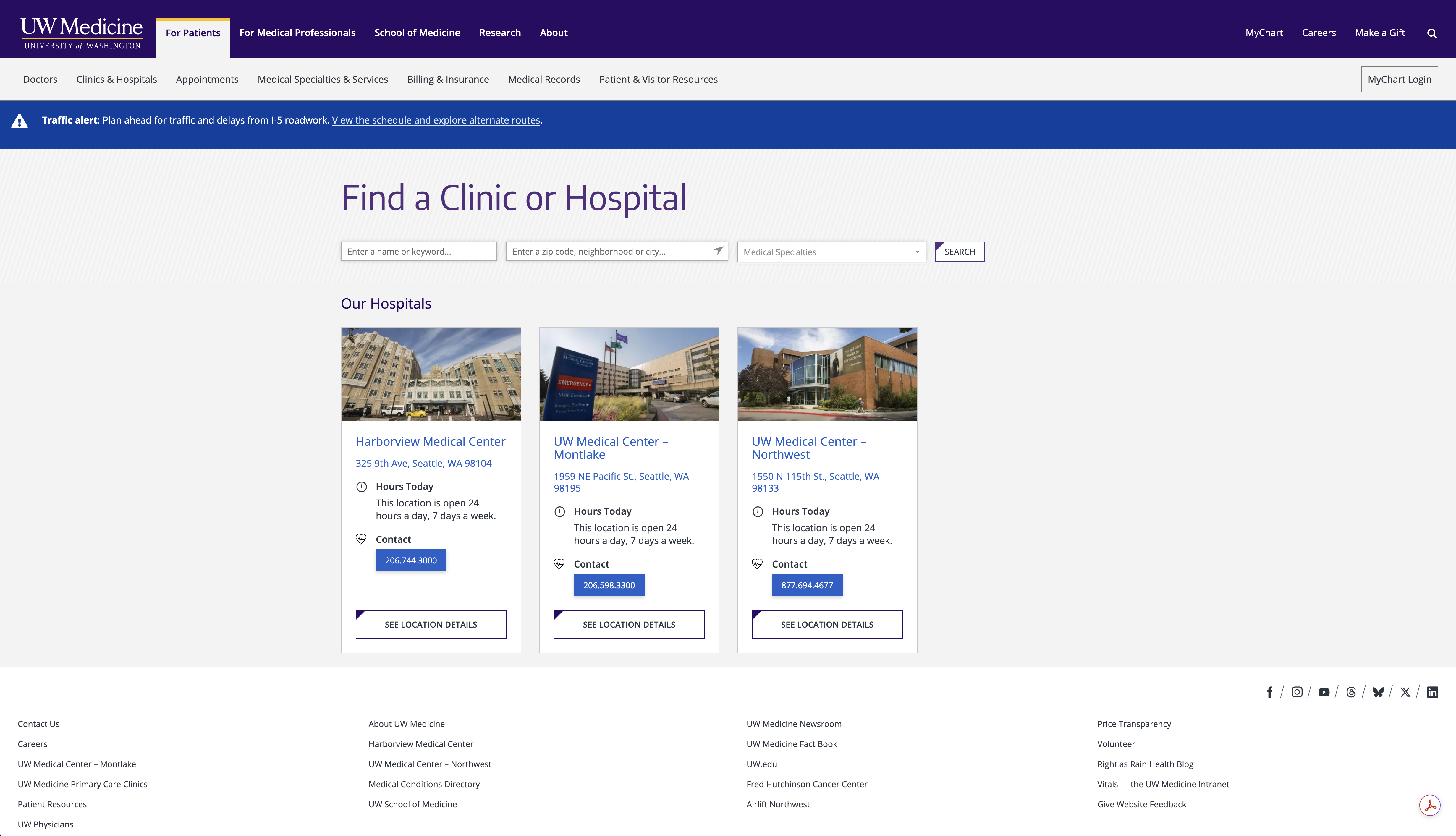 UW Medicine clinic and hospital finder page