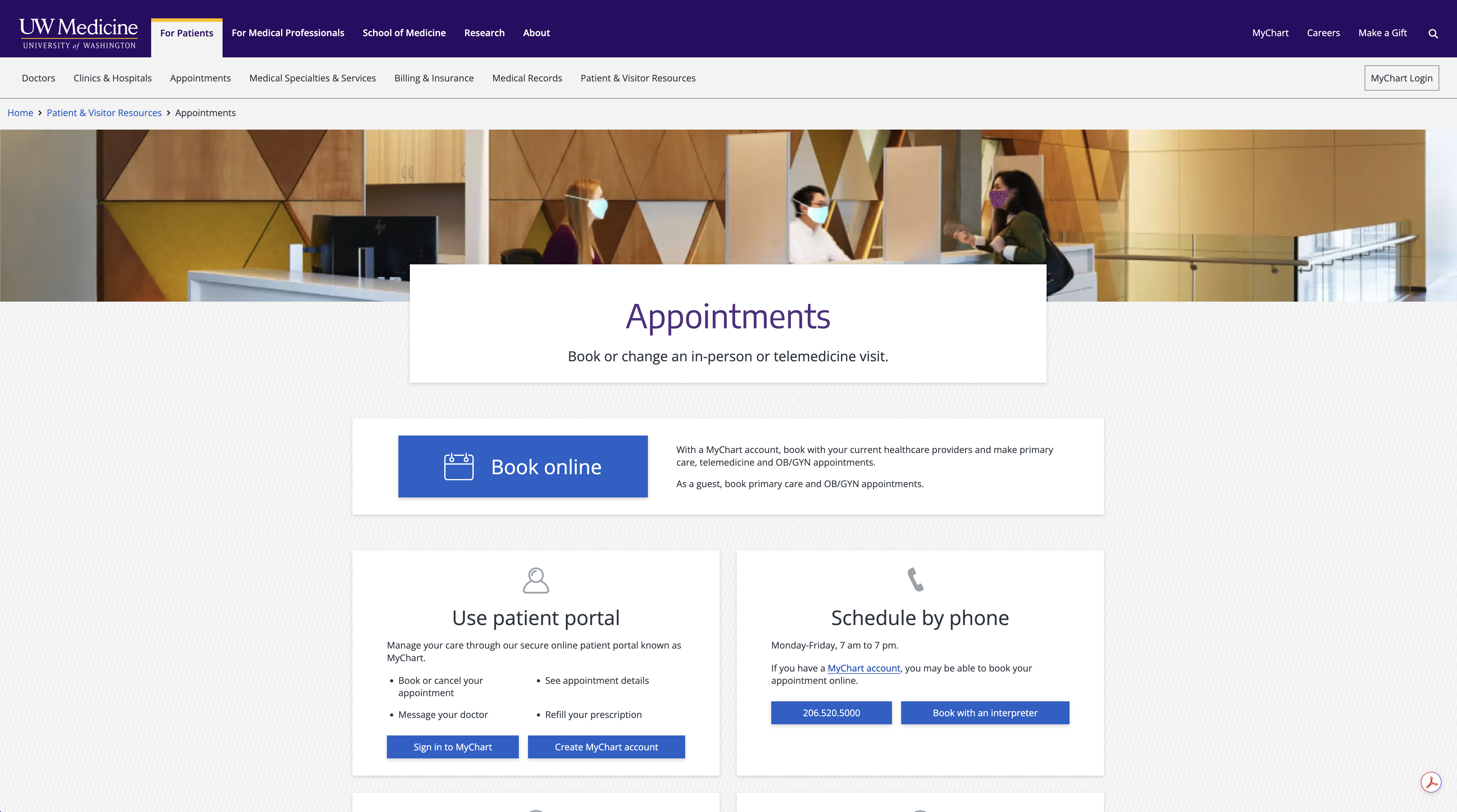 UW Medicine appointment page