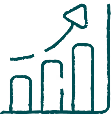 Hand-drawn bar chart with three ascending bars and an arrow pointing upward indicating growth or progress.