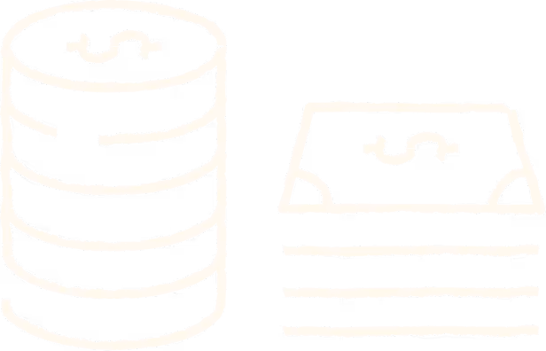 Stack of coins and a stack of dollar bills illustrated with dollar signs.