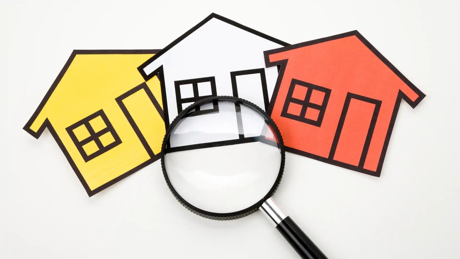 a magnifying glass hovering over a yellow white and red figures of a home