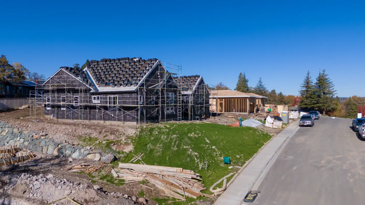 Construction site of new homes under development in a residential area of Auburn, CA.