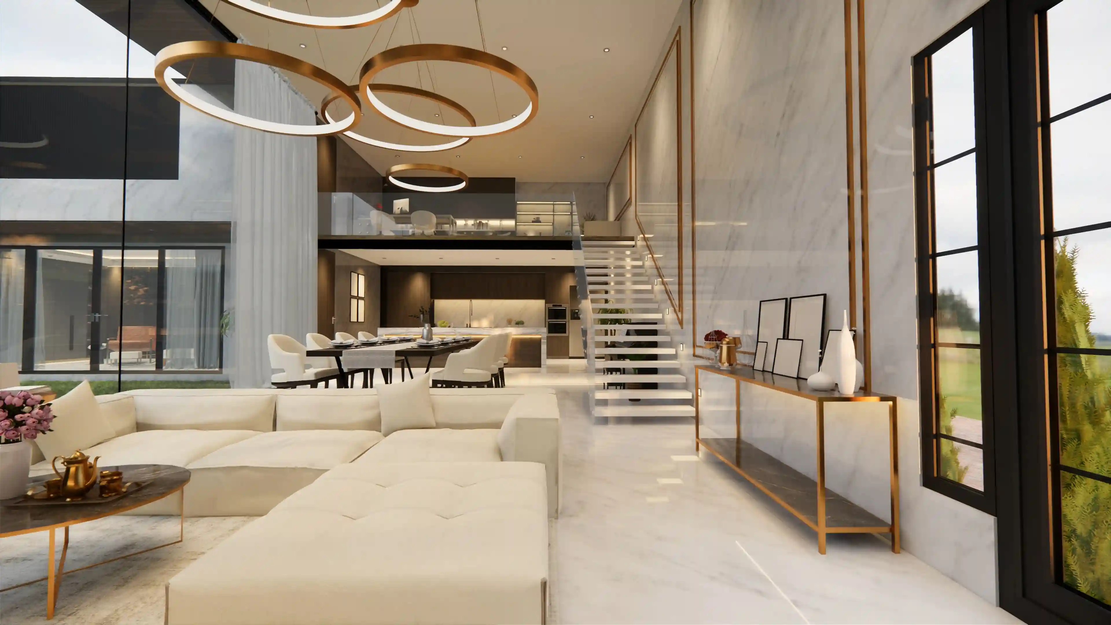 a living room filled with furniture and a staircase in a luxury home