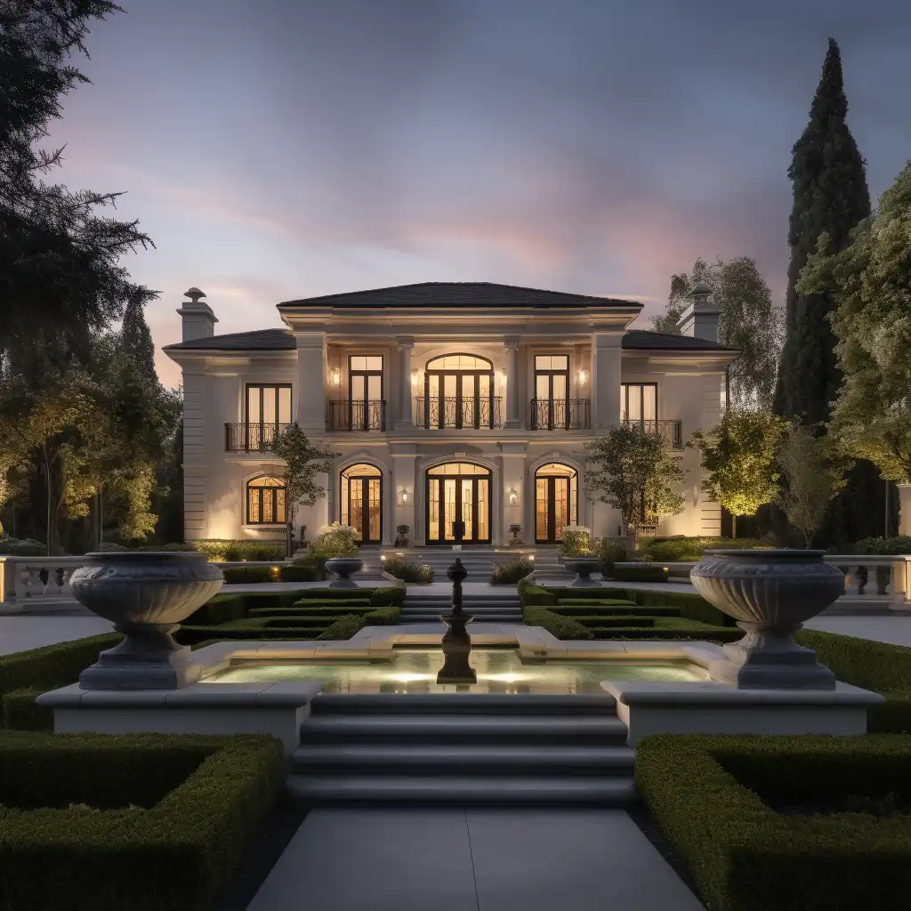 a large house with a fountain in front of it during twilight