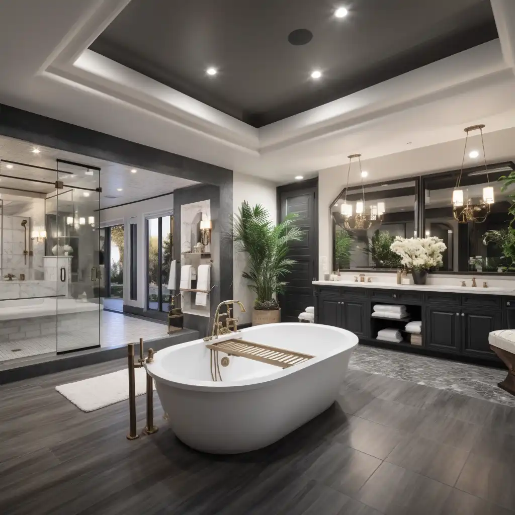 a large white bath tub inside of a bathroom in a luxury home