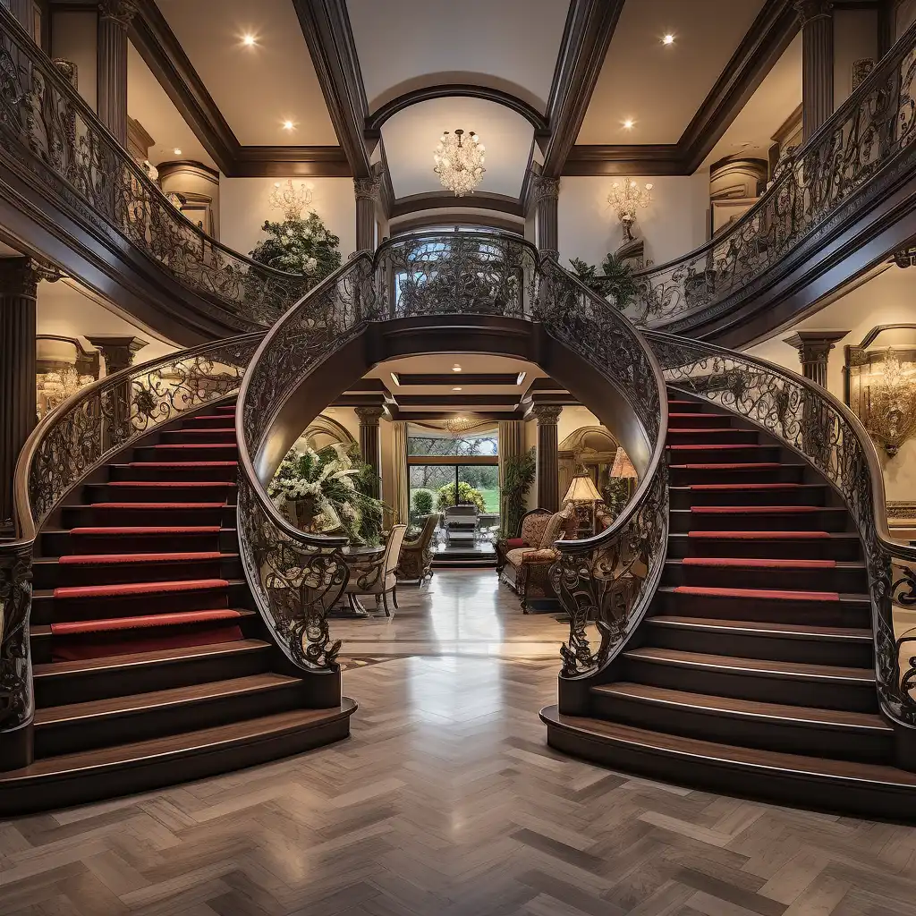 a large foyer with a grand staircase and a chandelier in a luxury home