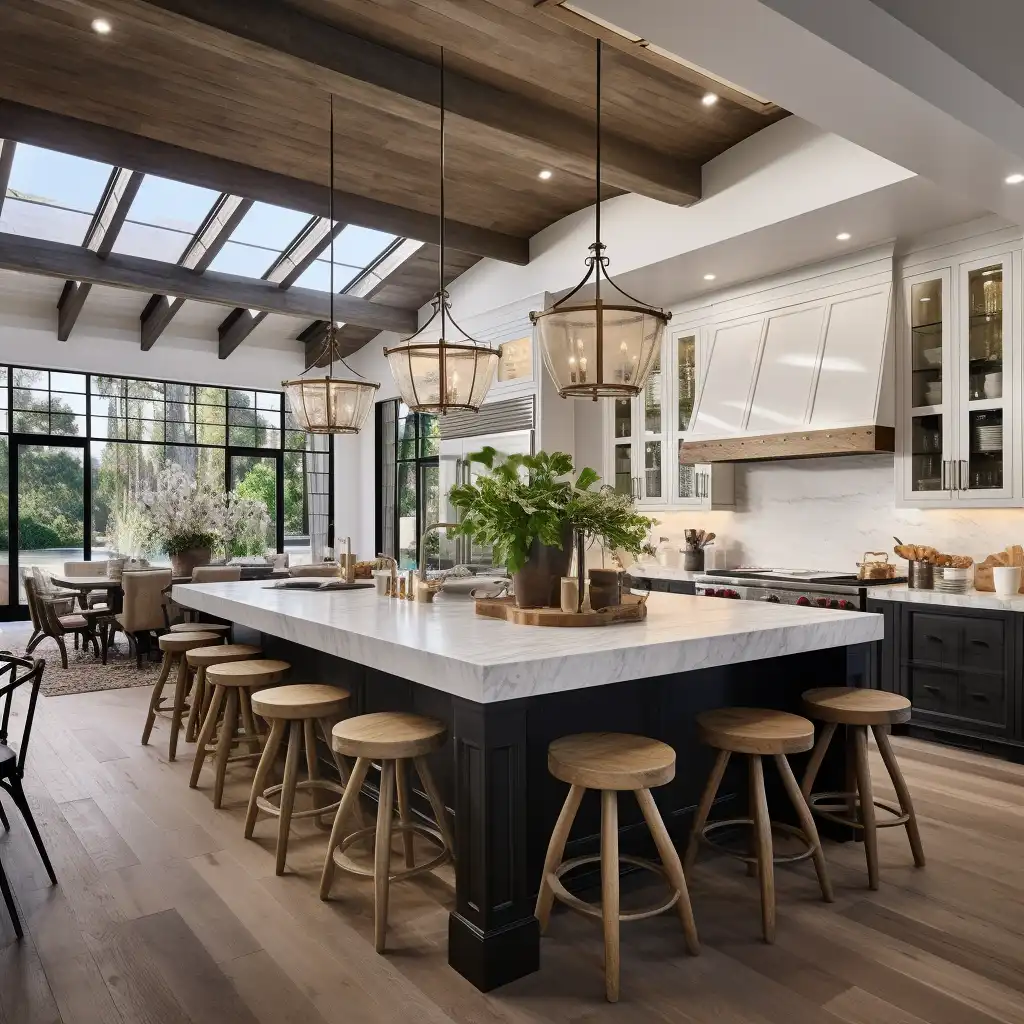 a large kitchen with a center island surrounded by stools in a luxury home