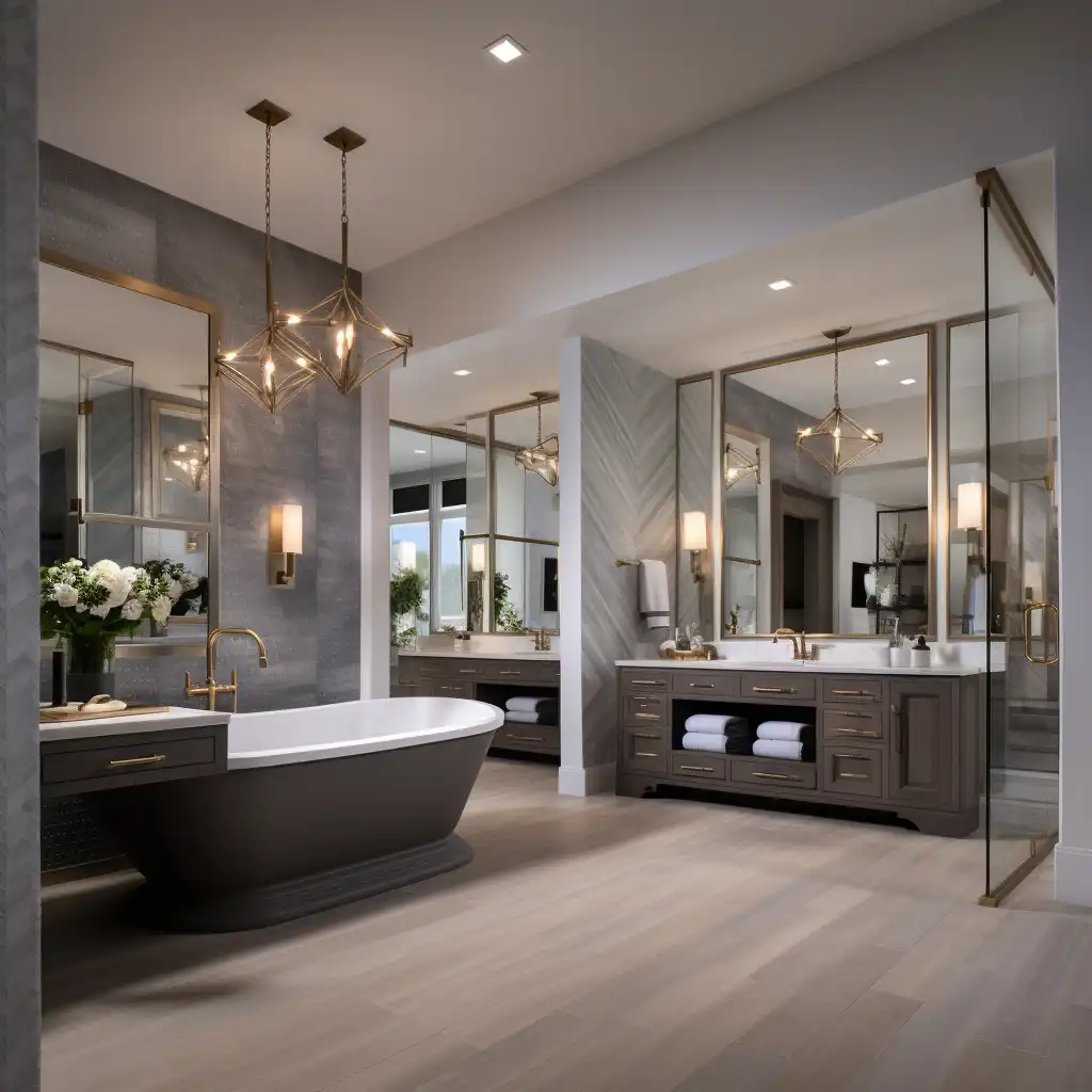 a bathroom with a tub, sink, and mirror in a luxury home
