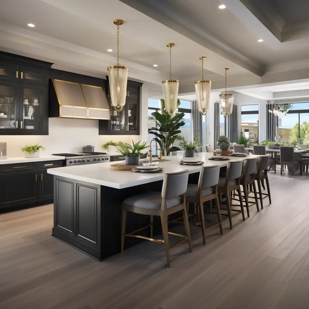 a large kitchen with a center island surrounded by chairs in a luxury home