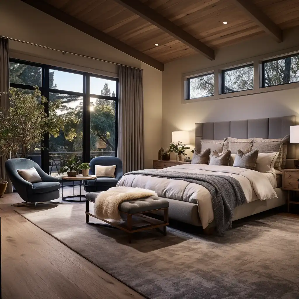 a bedroom with a large bed and a large window in a luxury home