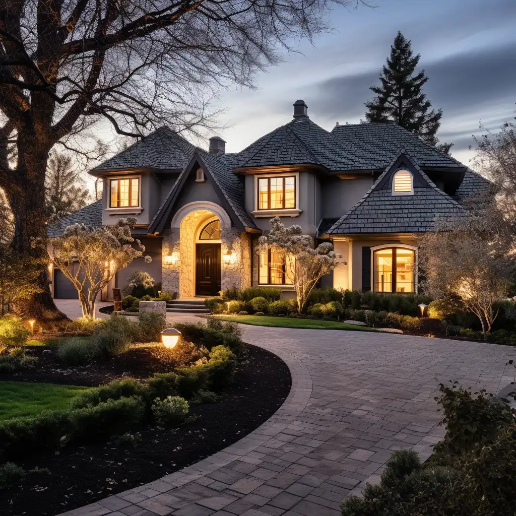a large home with a driveway and landscaping during twilight