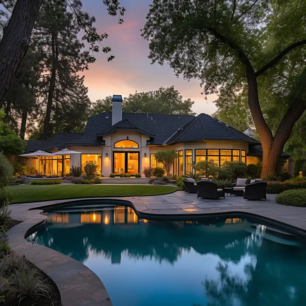 a house with a pool in front of it during twilight
