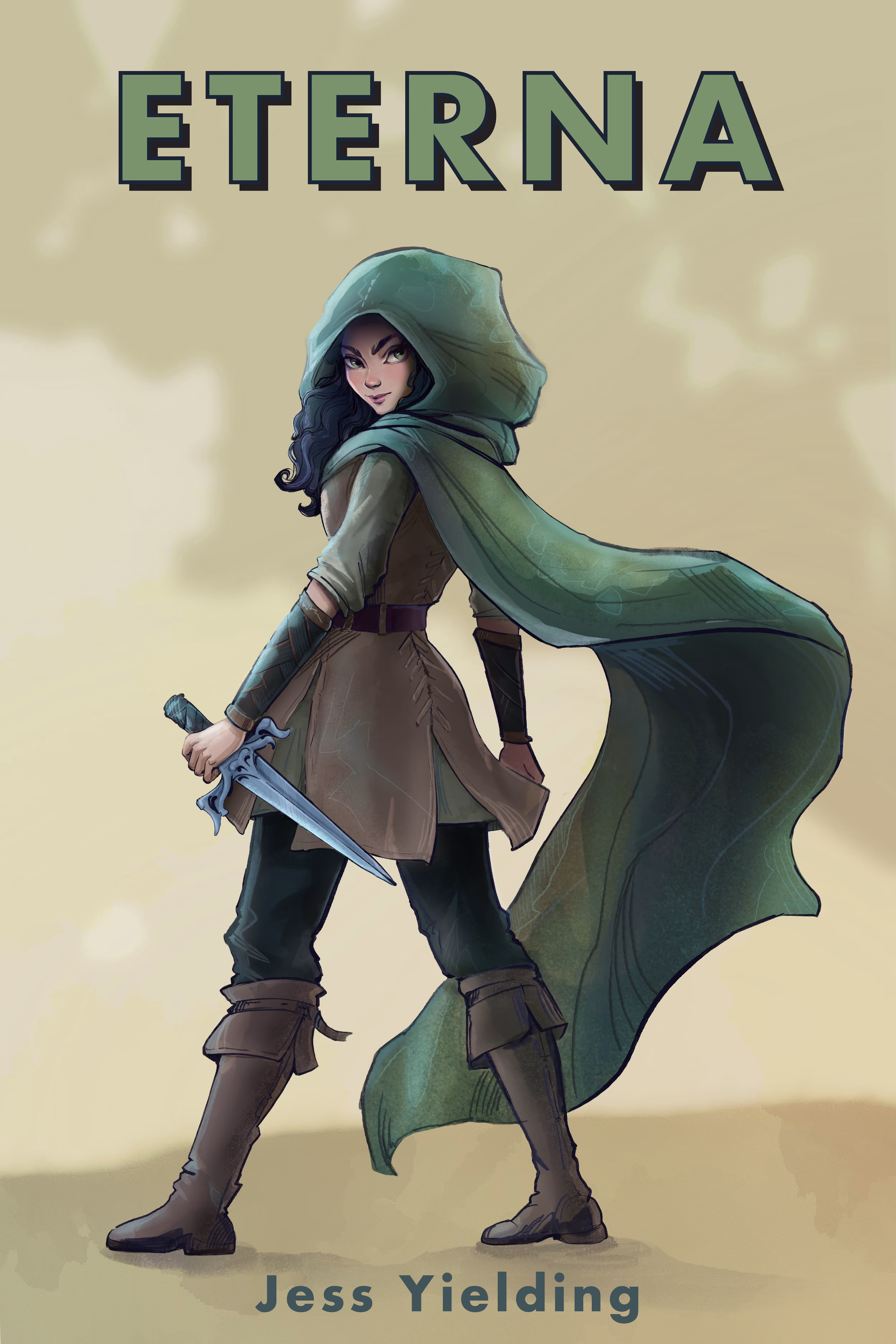Book cover for Eterna by Jess Yielding featuring a hooded young woman in a green cloak, holding a dagger and glancing over her shoulder in a confident stance. The title appears at the top with the author’s name at the bottom against a soft, muted background.