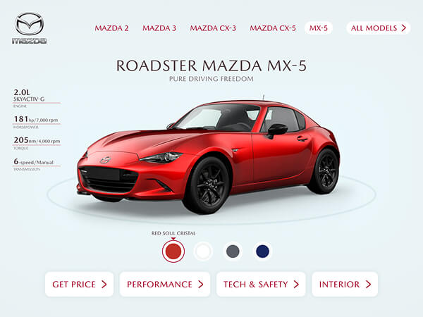 Mazda MX-5 product exploration interface showcasing features and guiding users into the lead capture journey