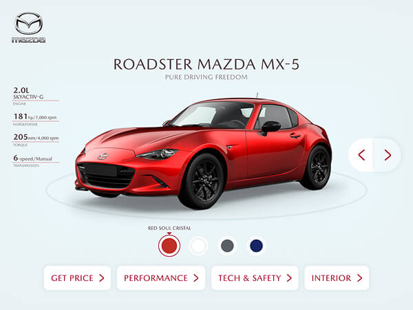 Mazda MX-5 product selection interface allowing users to explore models and initiate the lead generation process