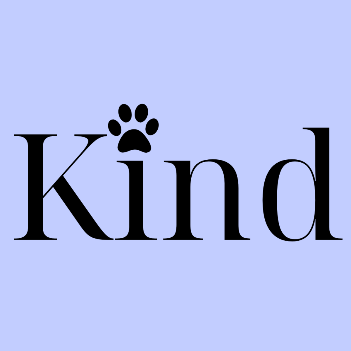 The word 'Kind' in black serif font on a light blue background, with a black paw print replacing the dot above the letter 'i'.