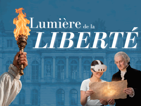 Person holds a torch; woman with VR headset and man in historical costume read glowing parchment.