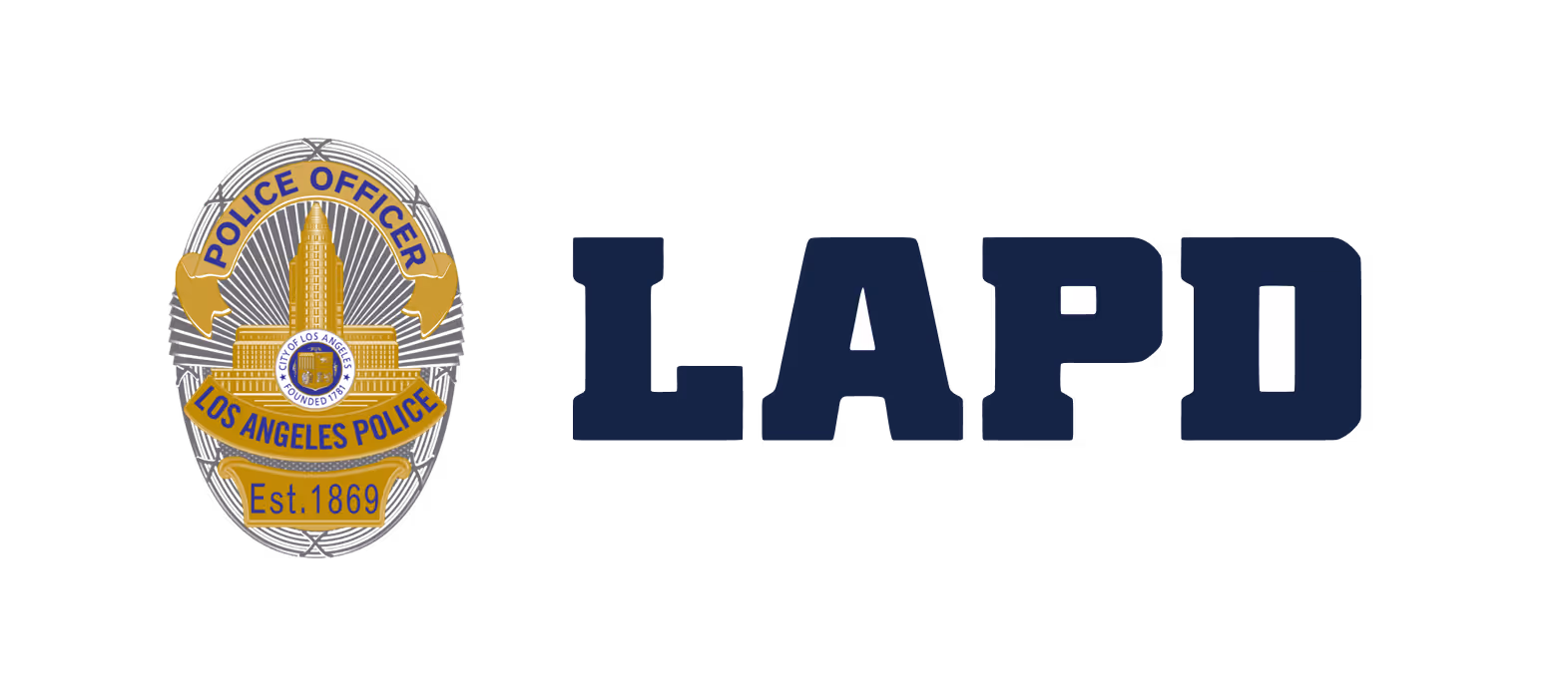 Los Angeles Police Department badge and LAPD acronym in navy blue text.