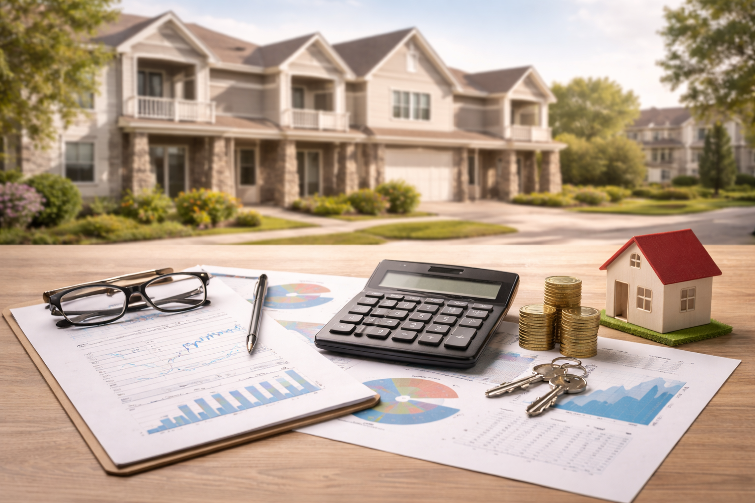 Calculator, eyeglasses, pen, charts, key rings, stacked coins, and a miniature house model on a desk with a residential neighborhood in the background.