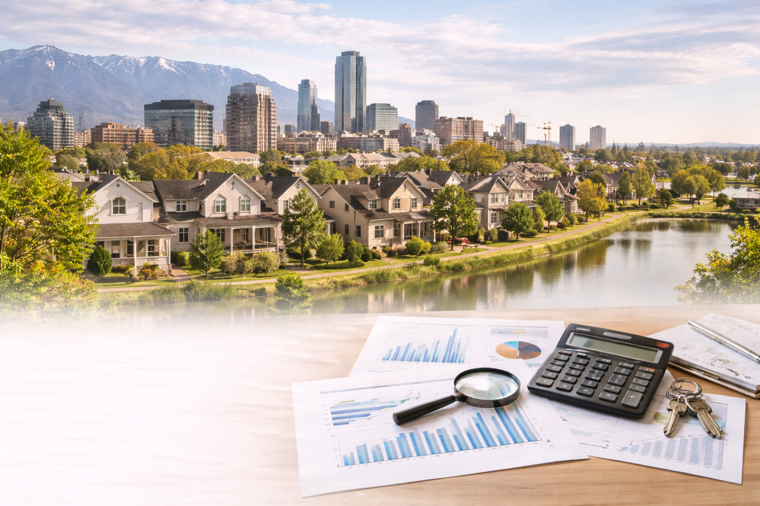 A suburban neighborhood with houses by a river and city skyscrapers in the background, overlaid with a workspace containing financial charts, a magnifying glass, a calculator, and house keys.