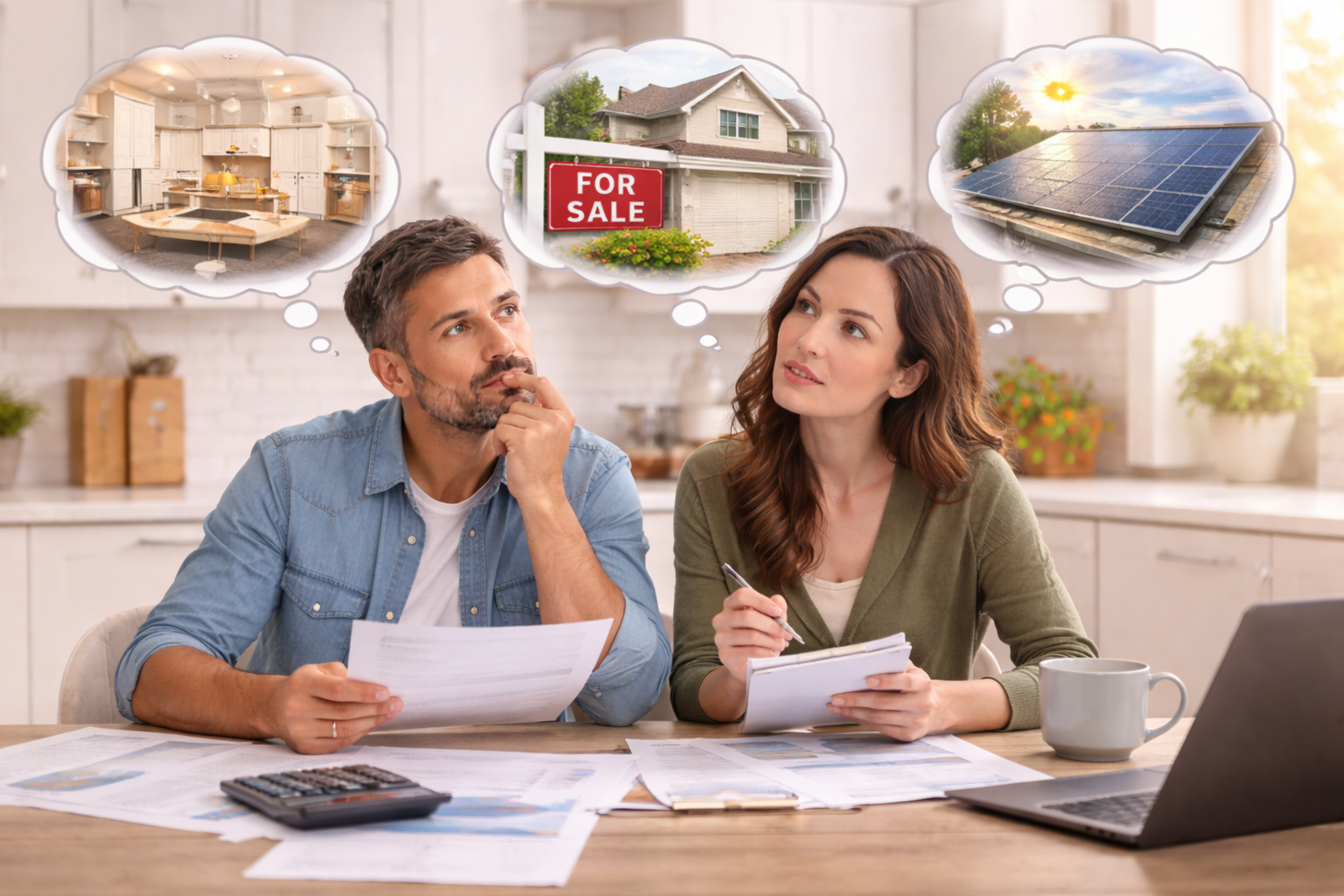 Couple sitting at a table with financial documents, imagining a kitchen, a house for sale, and solar panels.