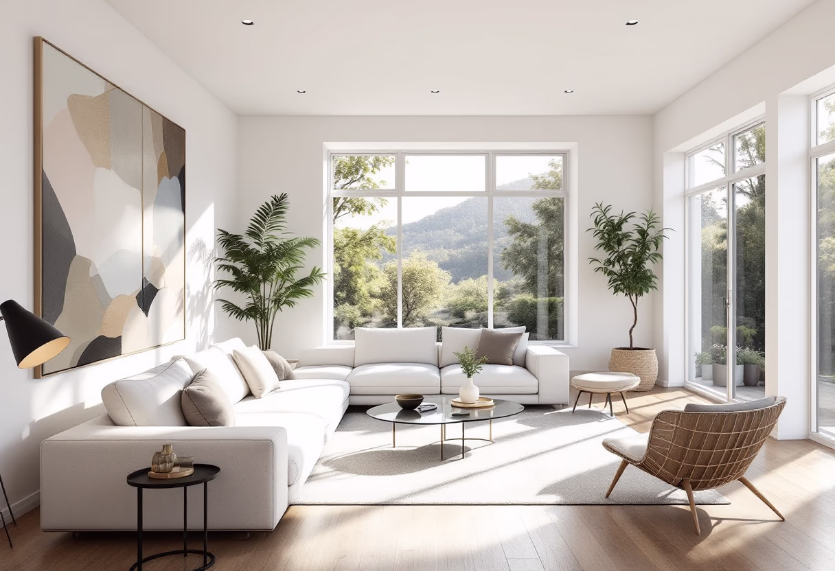 Bright modern living room with white sectional sofa, abstract wall art, indoor plants, and large windows showing a green mountain landscape.