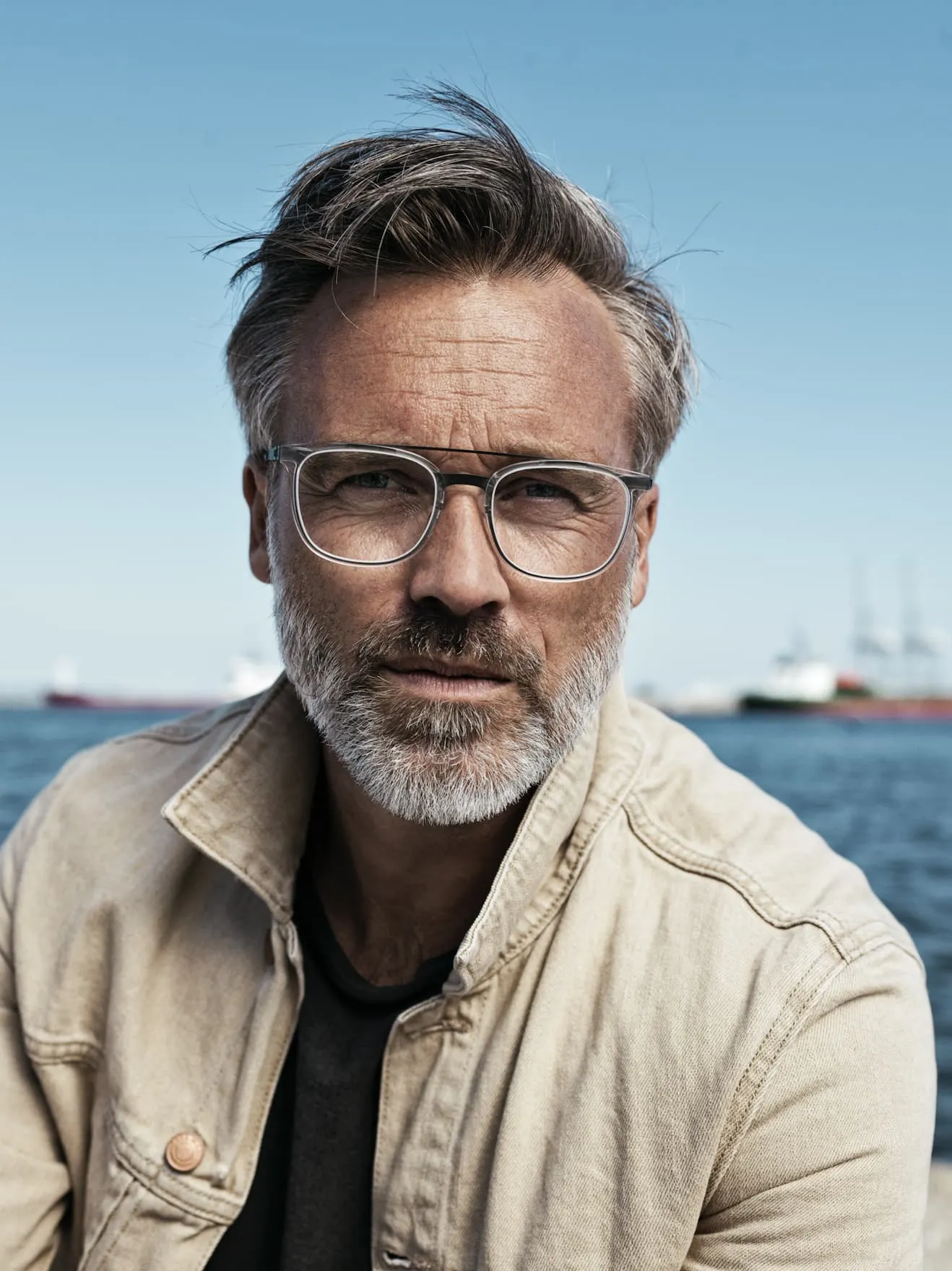 Middle-aged man with gray hair and beard wearing glasses and a beige jacket by the water.