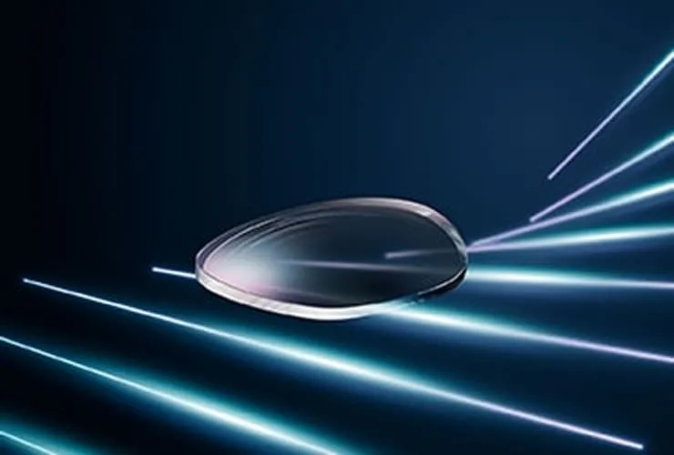 Close-up of a contact lens with blue light streaks on a dark background.