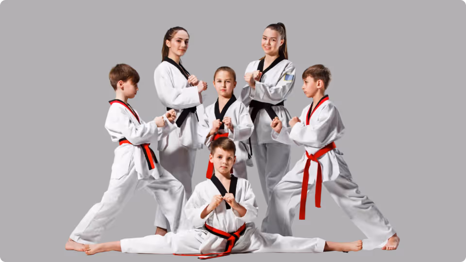 Six children in white martial arts uniforms with black and red belts posing in fighting stances on a gray background.