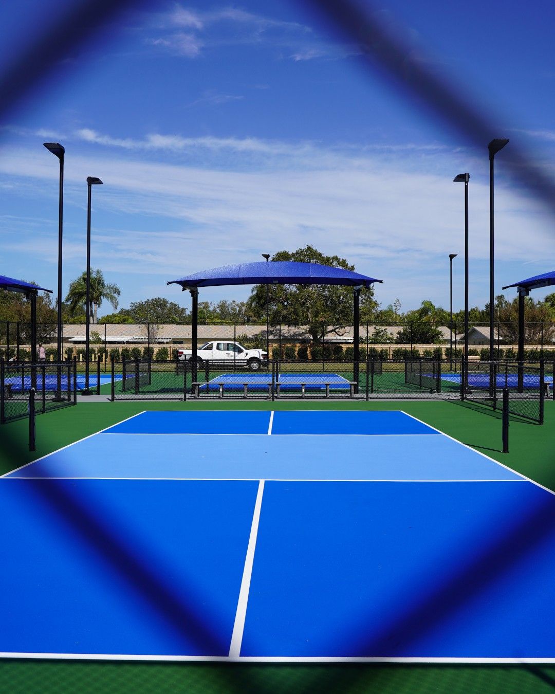 Three-color court striping at Eagle Scout Park multi-court pickleball facility