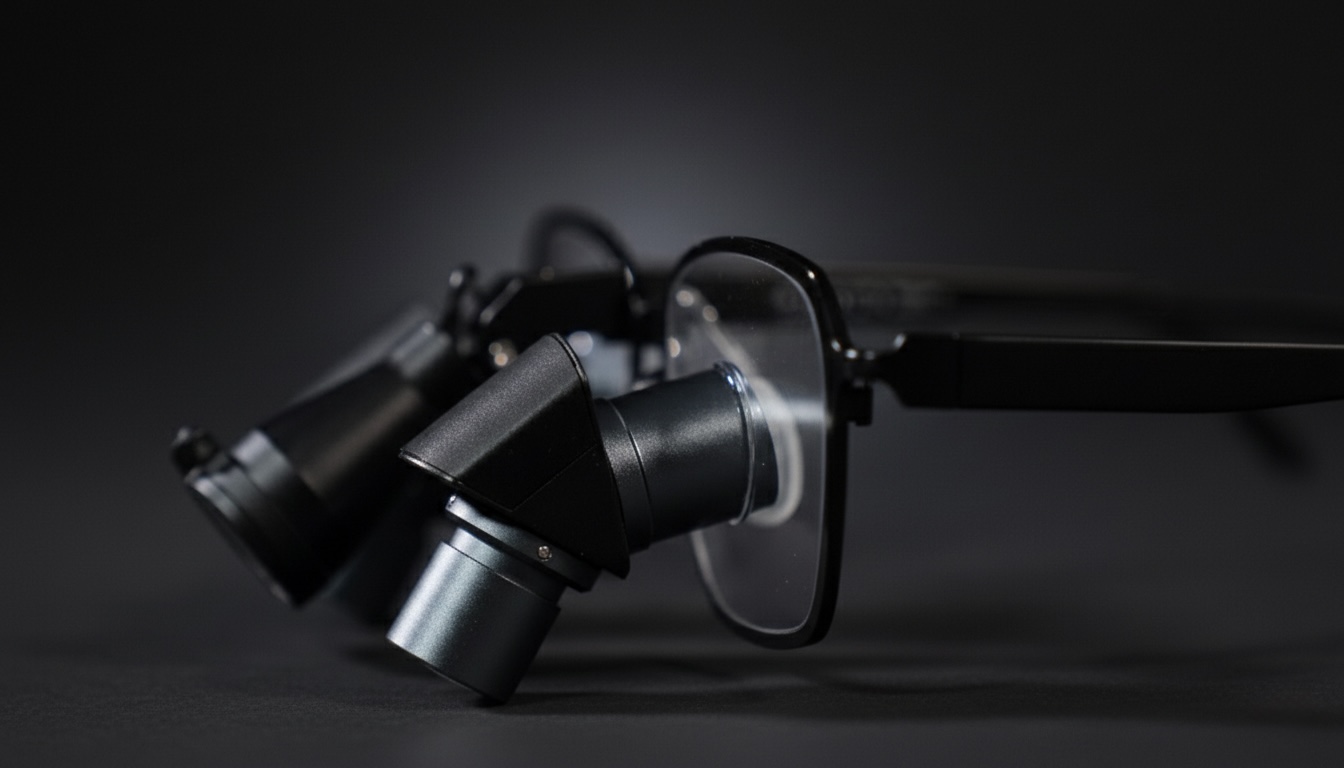 Black prismara ergonomic loupes with attached binocular loupe lenses on transparent glasses lenses.