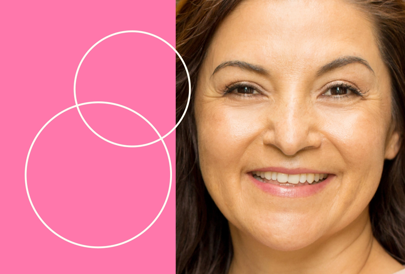Woman with brown hair smiling with white overlapping circles on hot pink background