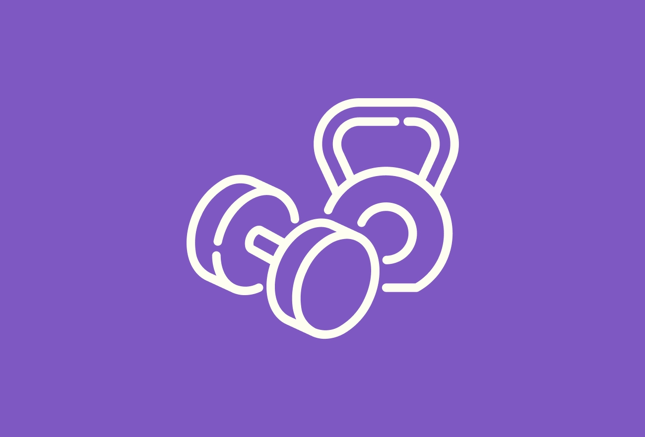 White line drawings of dumbbells and kettlebell on purple background