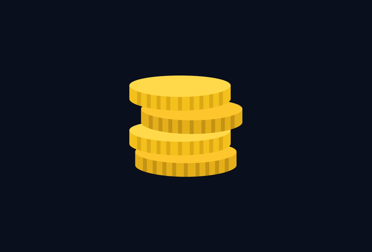 Stack of four yellow gold coins on dark navy background representing wealth, savings, or financial currency icon