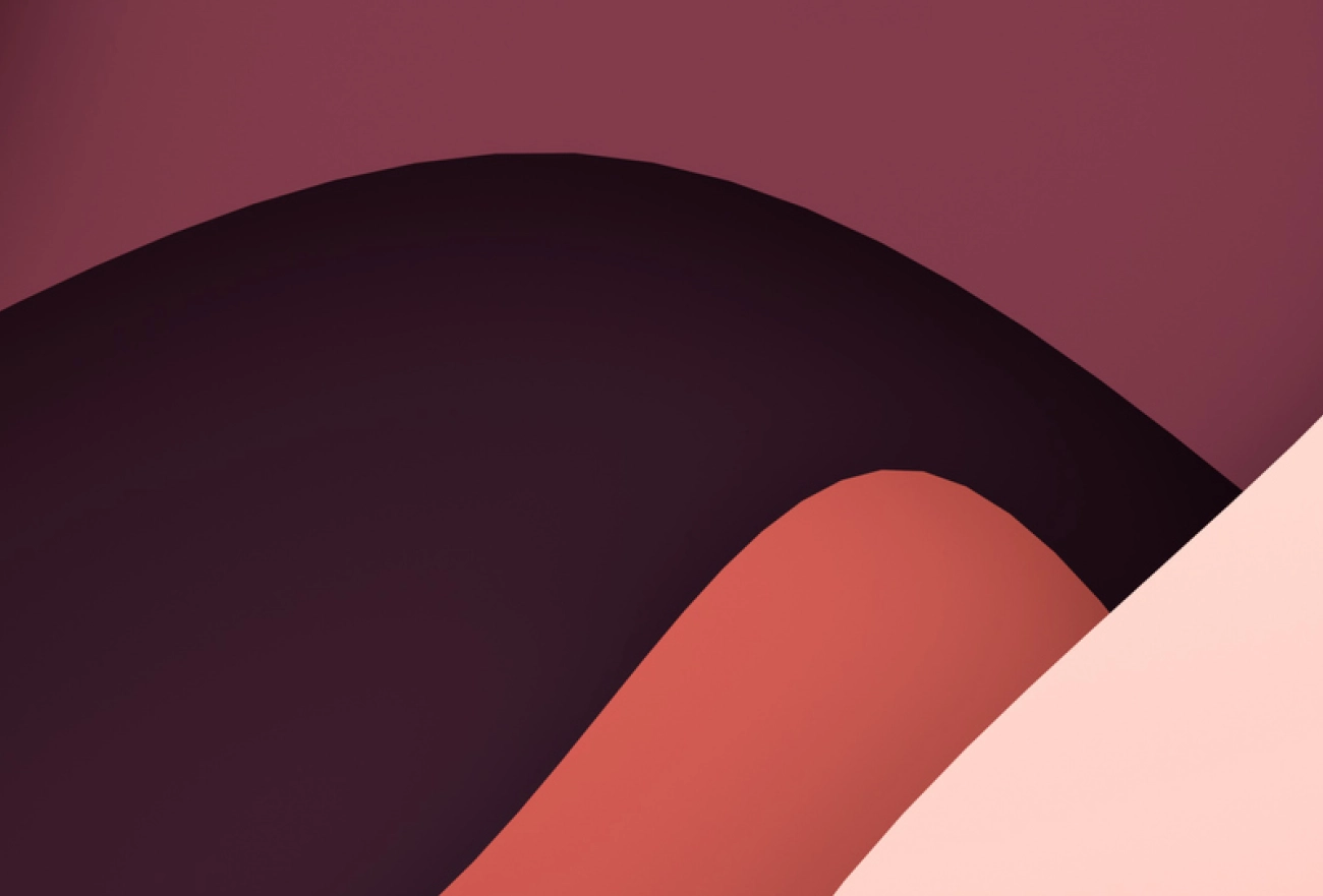 Abstract geometric shapes with overlapping curves in burgundy, maroon, coral, and pink