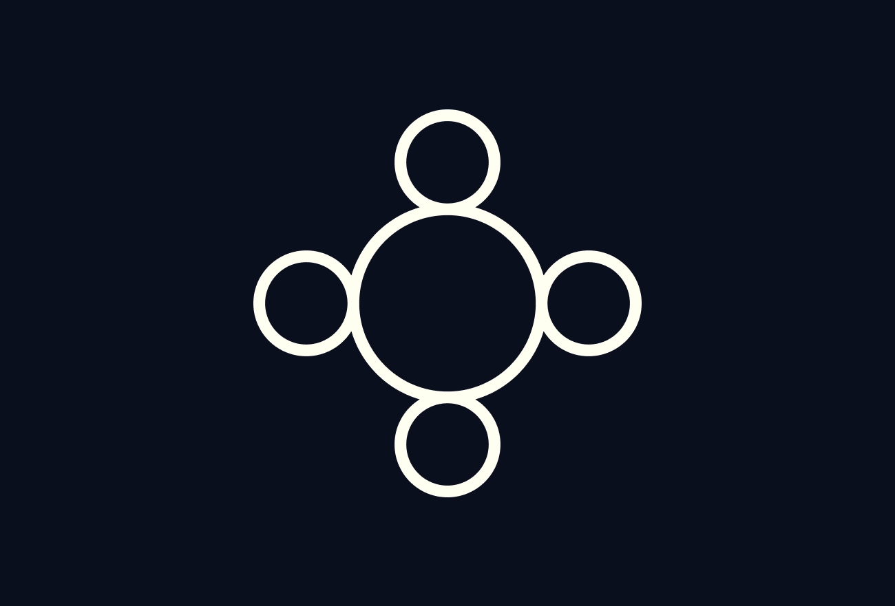 White circle nodes arranged in hub and spoke network pattern on dark navy background