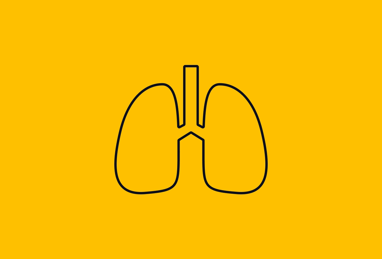 Black lung icon with trachea outline on bright yellow background depicting respiratory system anatomy