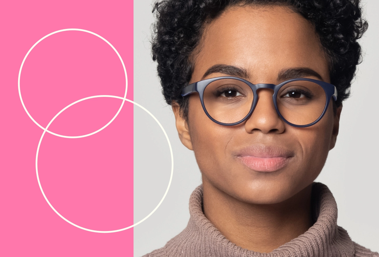 Person with glasses beside overlapping circle graphic on pink and white background