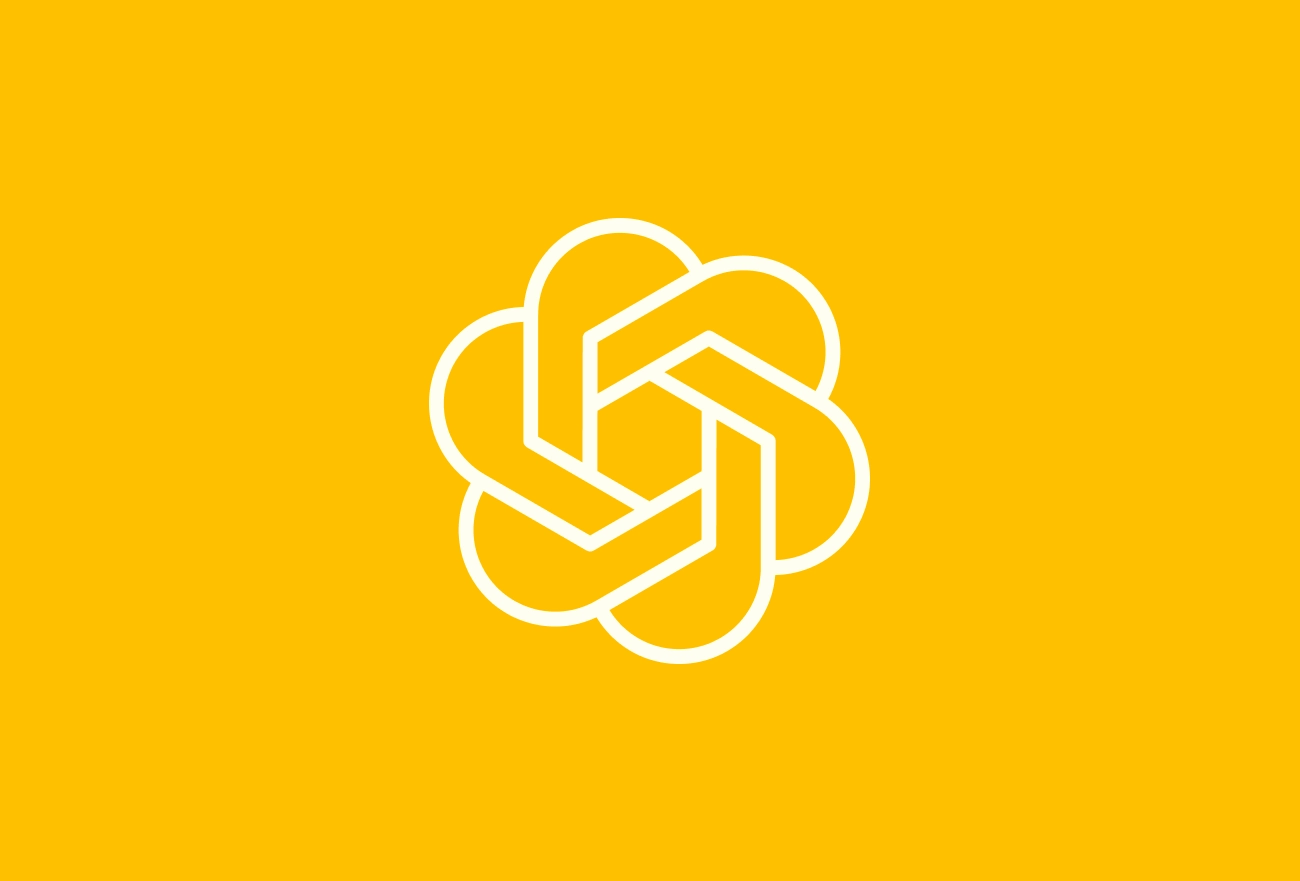 White geometric logo with interlocking curved shapes on bright yellow background