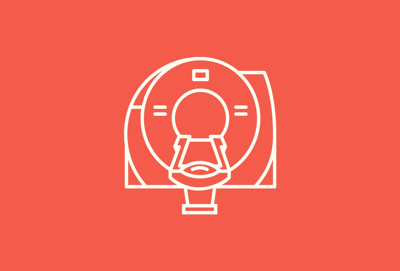 White line icon of MRI scan machine with patient on coral red background, medical illustration