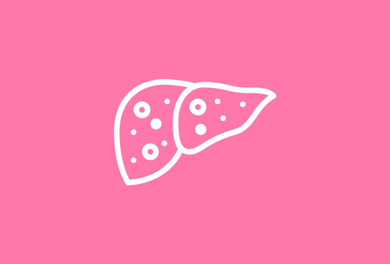 White line icon of liver with dots on bright pink background, medical illustration