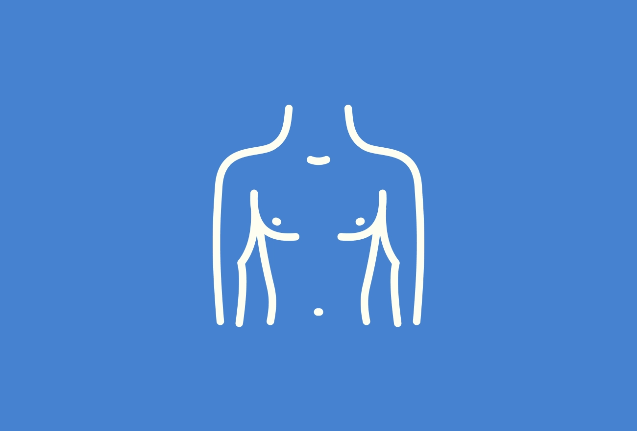 White line icon of human torso showing chest and breast area on blue background, minimalist anatomical illustration