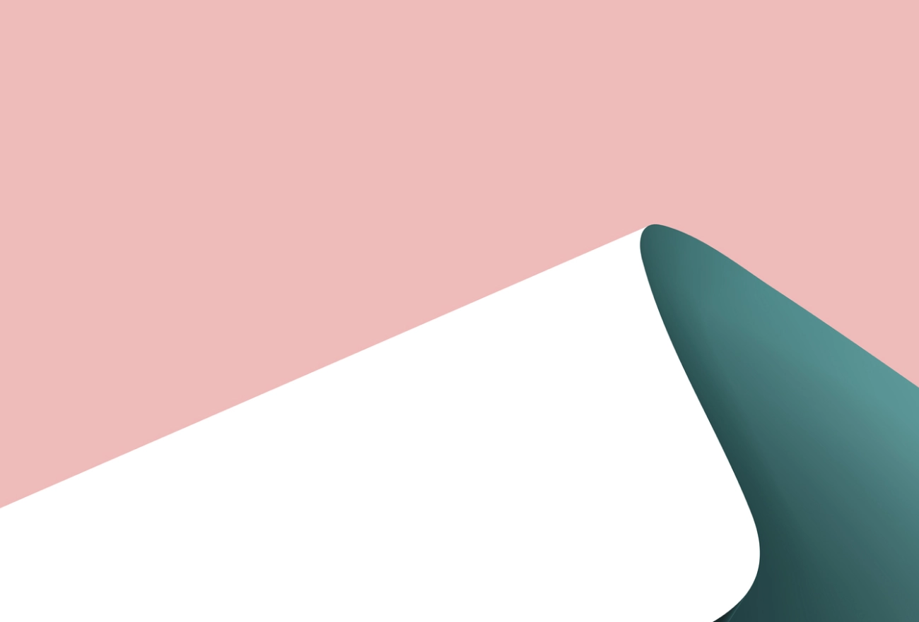 Minimalist abstract design with curved geometric shapes in pink background, white curved form, and dark teal curved accent on right side