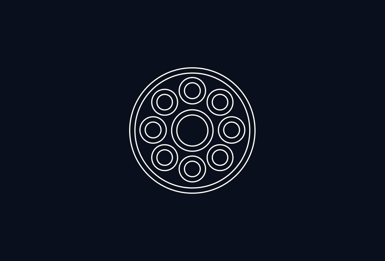 White dial pad icon with central circle surrounded by smaller circles on dark navy background