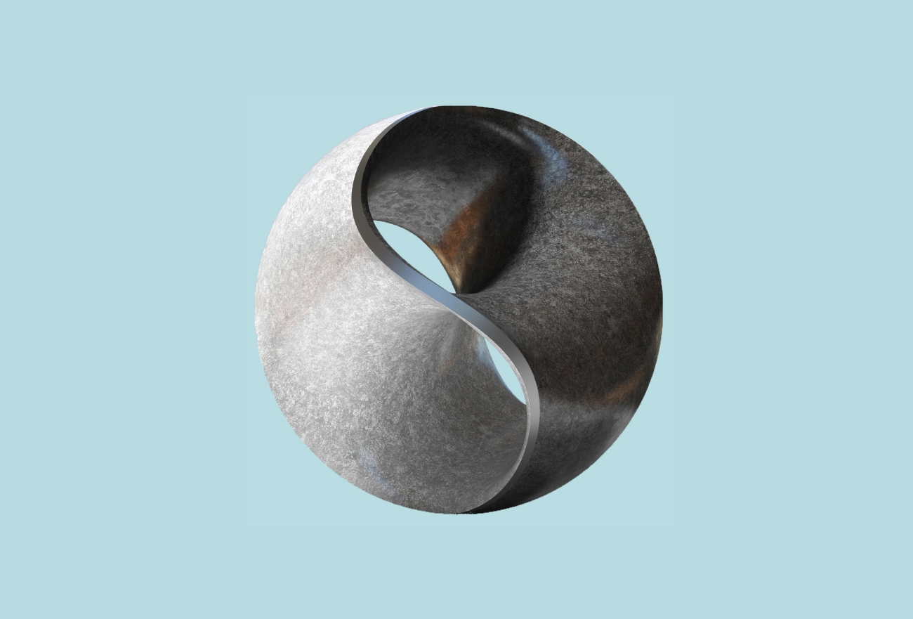 3D textured stone yin yang sphere on light blue background, abstract design