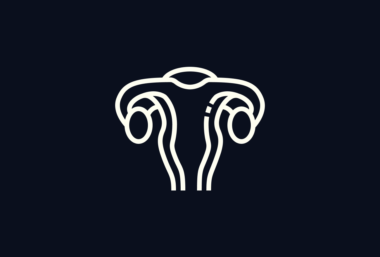 White line icon of uterus on dark navy background, minimalist medical illustration