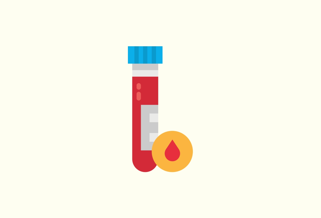 Test tube with red blood sample and blue cap next to yellow circle with red blood drop