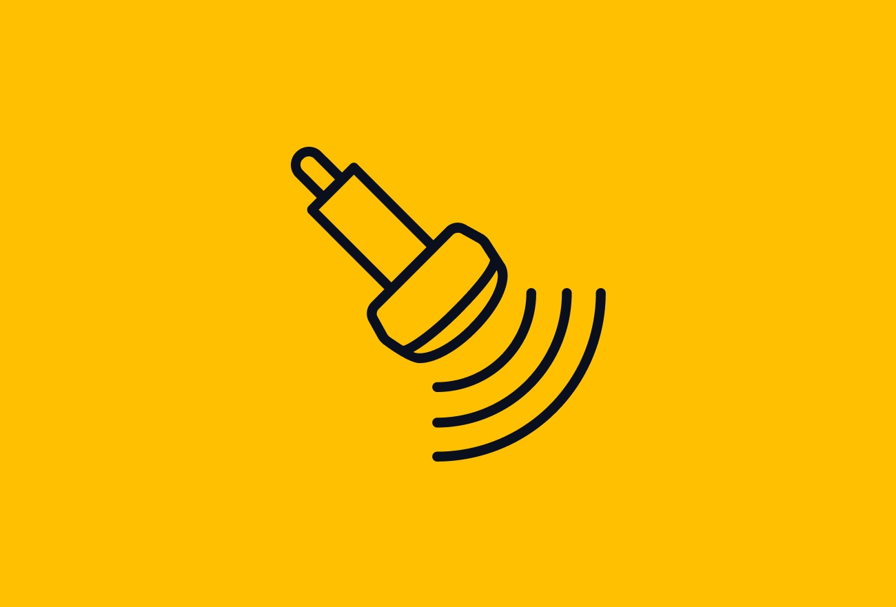 Black line drawing of bell with sound wave lines on bright yellow background