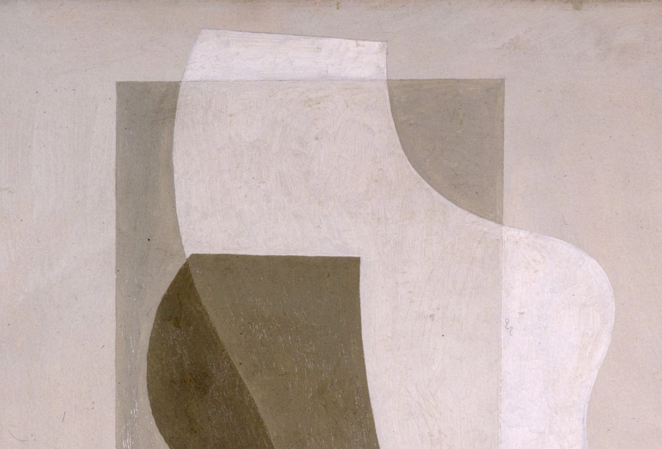 Abstract composition with overlapping geometric and organic shapes in cream, white, and olive green tones on neutral background